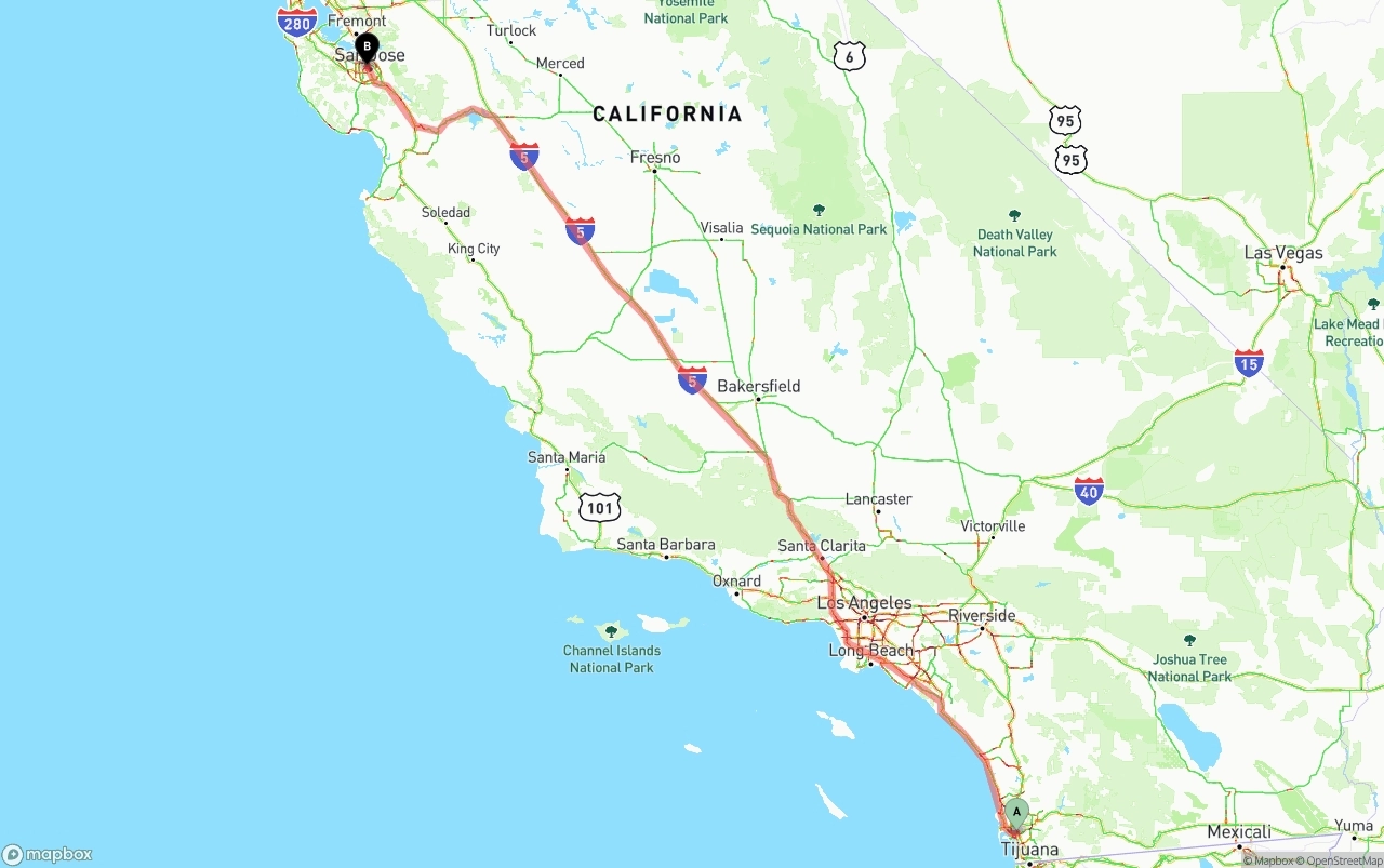 Shipping route from San Diego to San Jose