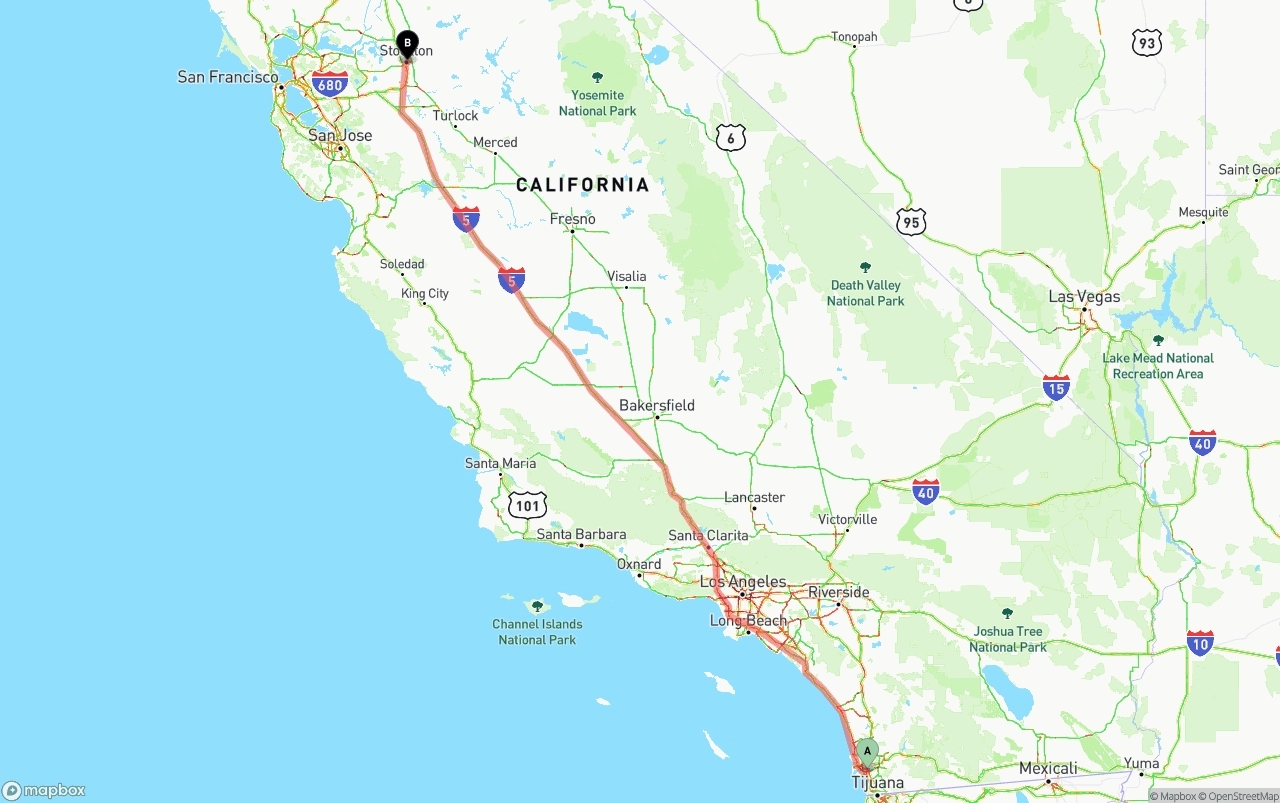 Shipping route from San Diego to Stockton