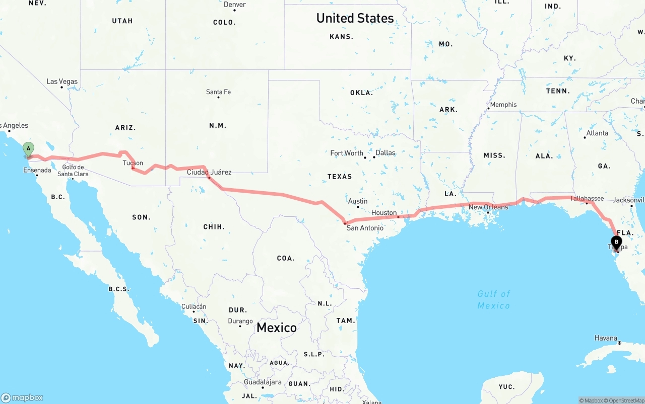 Shipping route from San Diego to Tampa International Airport