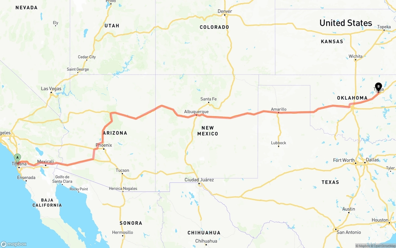 Shipping route from San Diego to Tulsa