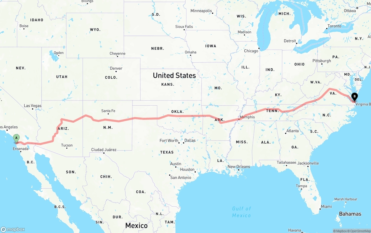 Shipping route from San Diego to Virginia Beach