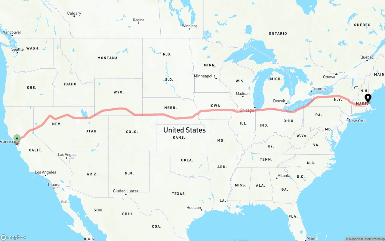 Shipping route from San Francisco to Boston