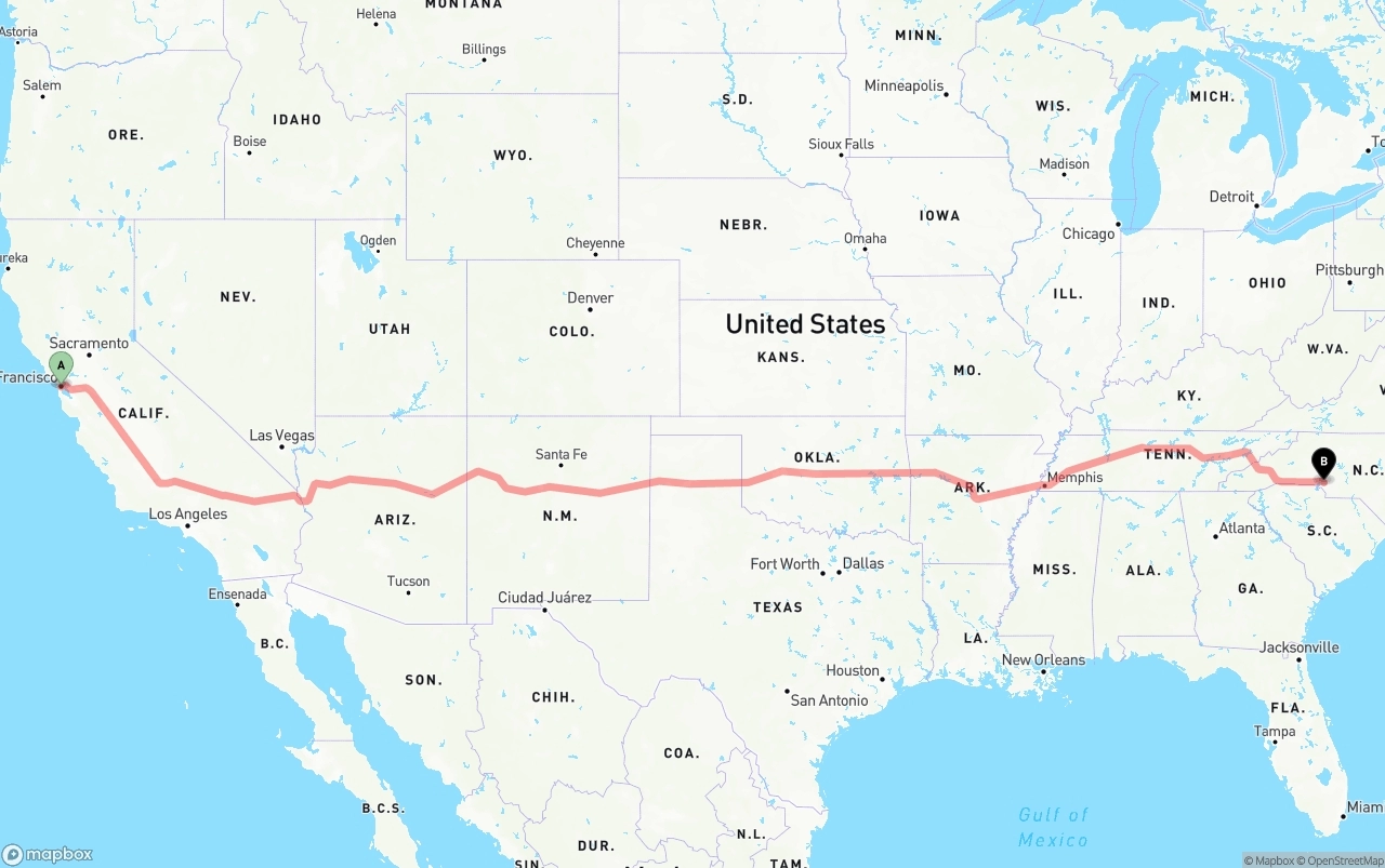 Shipping route from San Francisco to Charlotte