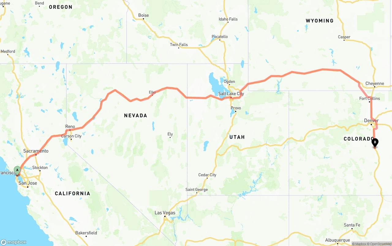 Shipping route from San Francisco to Colorado Springs