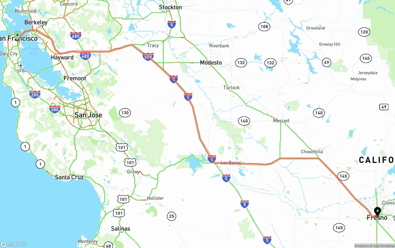 Shipping route from San Francisco to Fresno