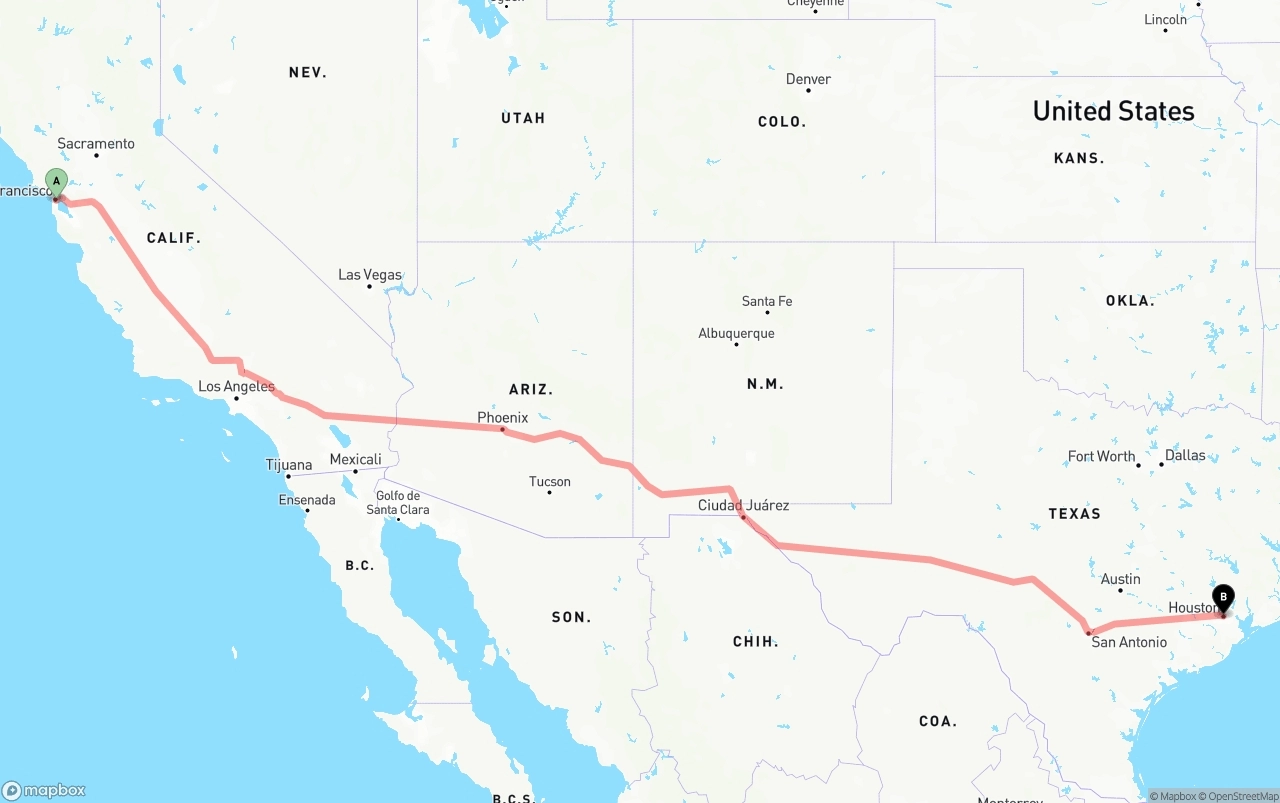 Shipping route from San Francisco to Houston