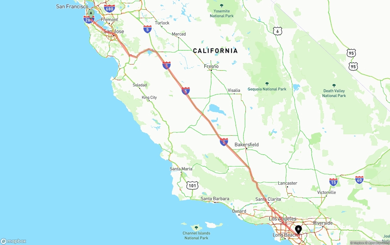 Shipping route from San Francisco International Airport to Anaheim