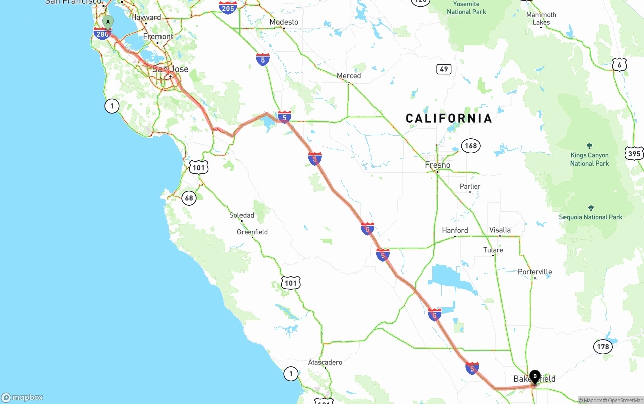 Shipping route from San Francisco International Airport to Bakersfield