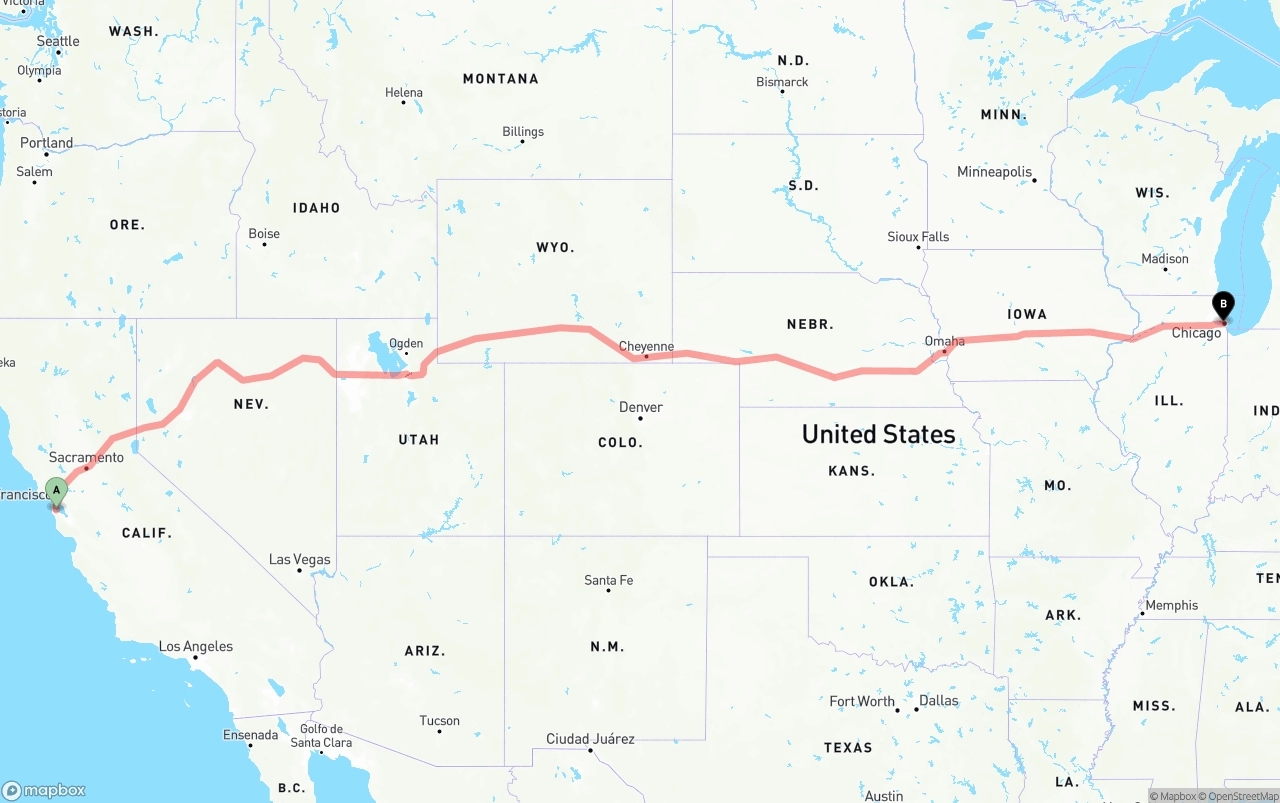 Shipping route from San Francisco International Airport to Chicago