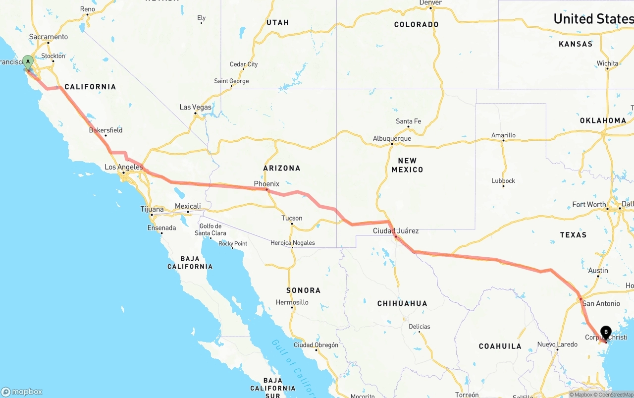 Shipping route from San Francisco International Airport to Corpus Christi