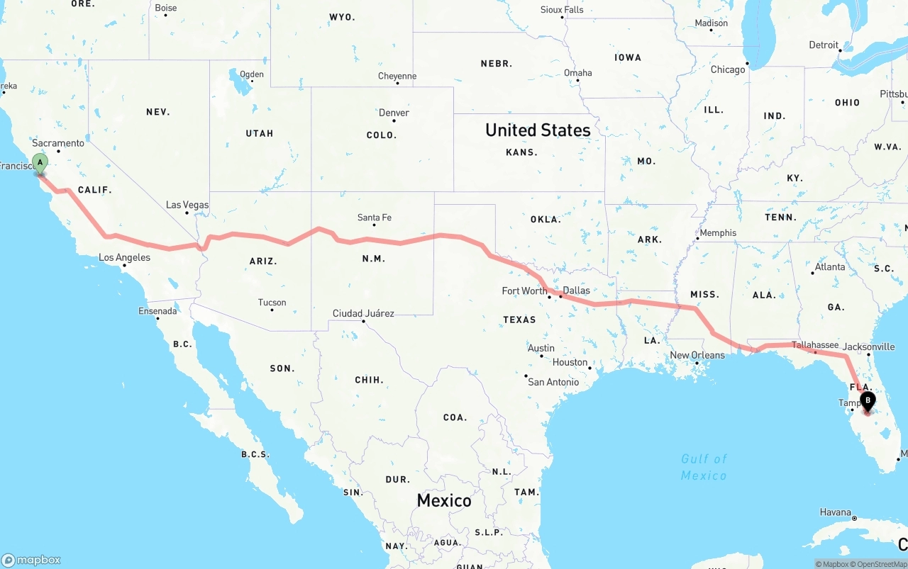 Shipping route from San Francisco International Airport to Florida