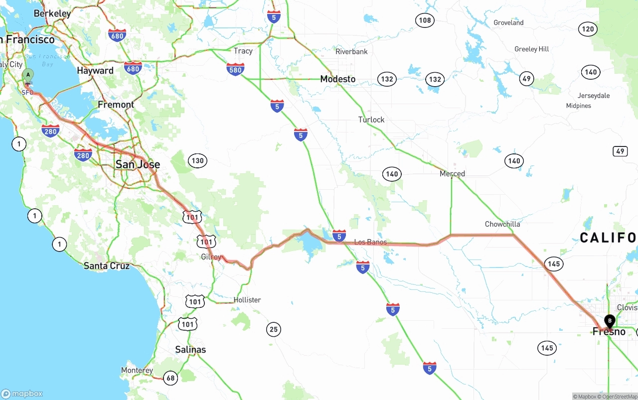 Shipping route from San Francisco International Airport to Fresno