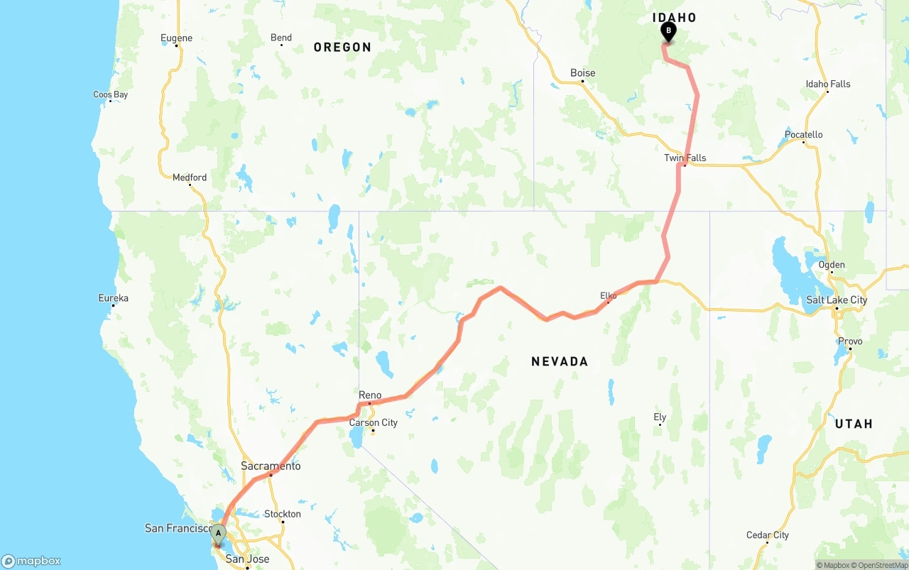 Shipping route from San Francisco International Airport to Idaho
