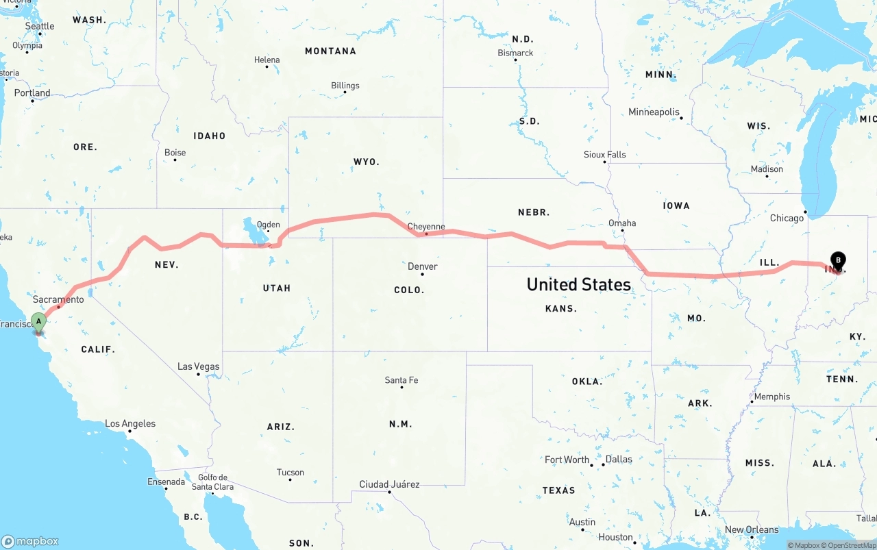 Shipping route from San Francisco International Airport to Indianapolis