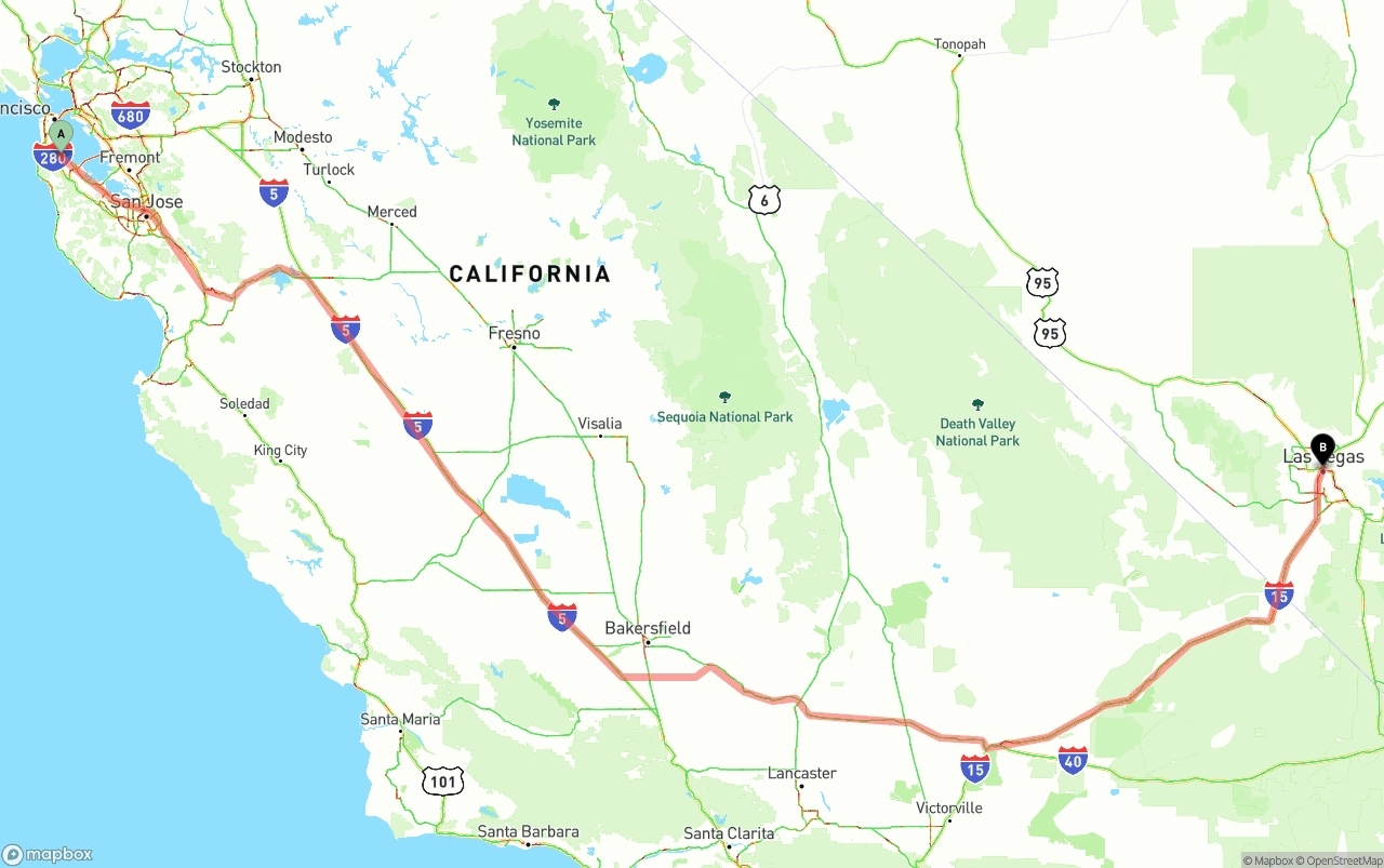 Shipping route from San Francisco International Airport to Las Vegas