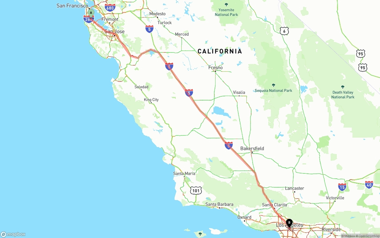 Shipping route from San Francisco International Airport to Los Angeles