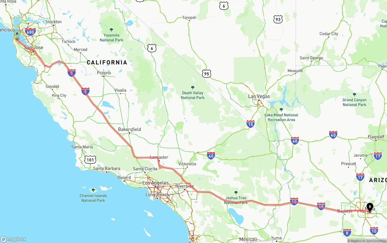 Shipping route from San Francisco International Airport to Mesa