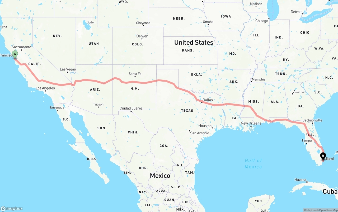Shipping route from San Francisco International Airport to Miami