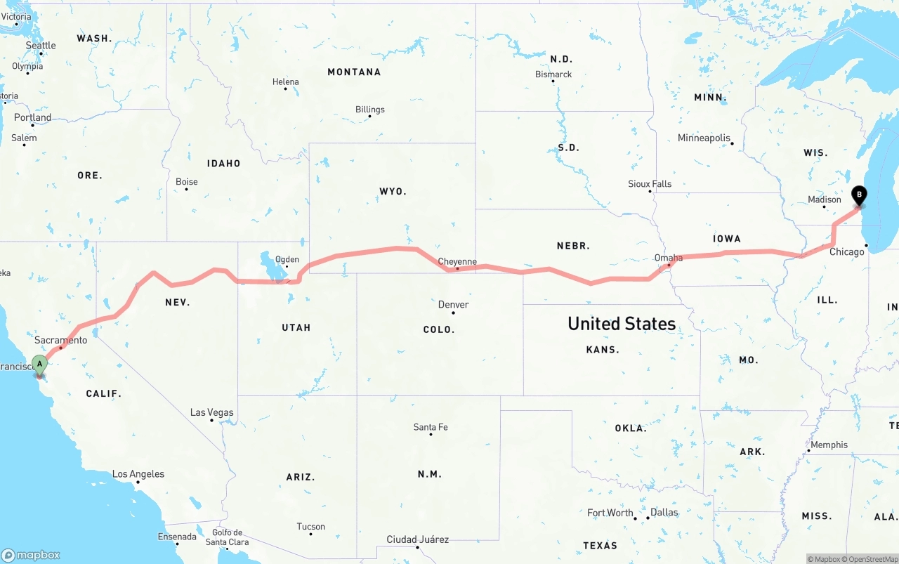 Shipping route from San Francisco International Airport to Milwaukee