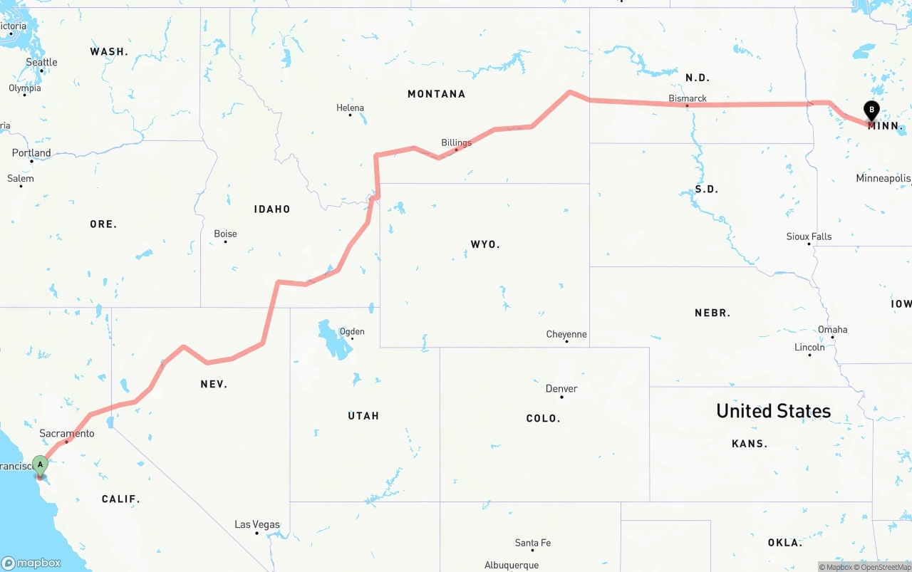 Shipping route from San Francisco International Airport to Minnesota