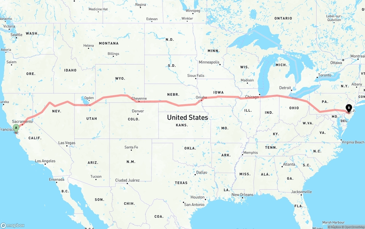 Shipping route from San Francisco International Airport to New Jersey