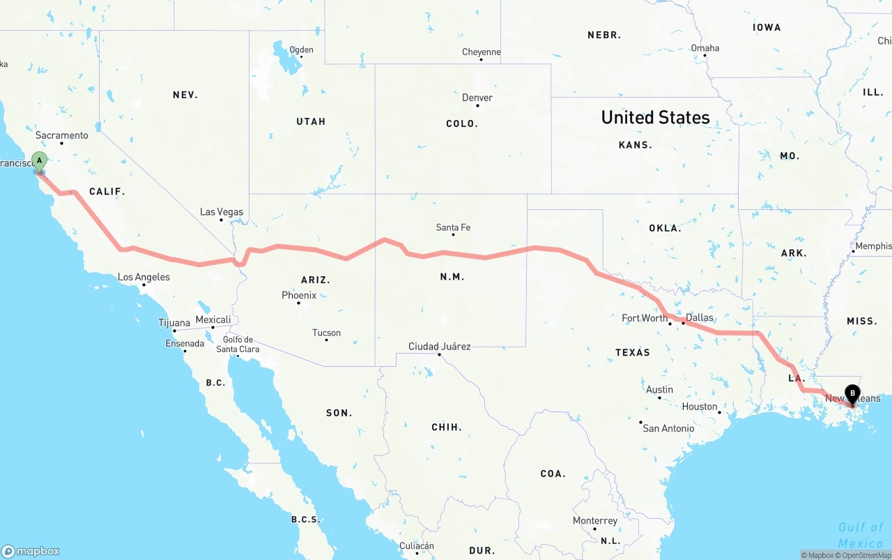 Shipping route from San Francisco International Airport to New Orleans