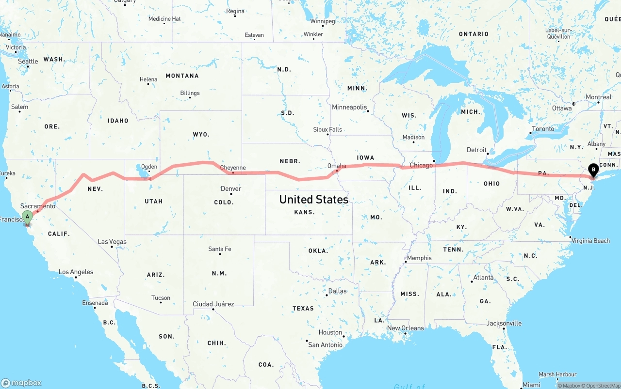Shipping route from San Francisco International Airport to New York City