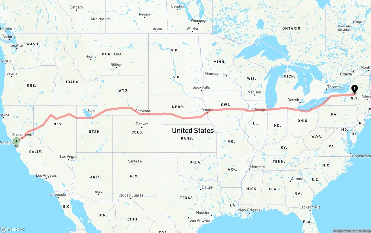 Shipping route from San Francisco International Airport to New York