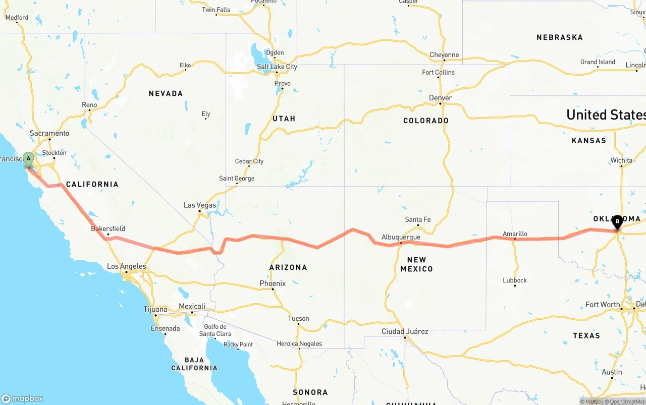 Shipping route from San Francisco International Airport to Oklahoma City