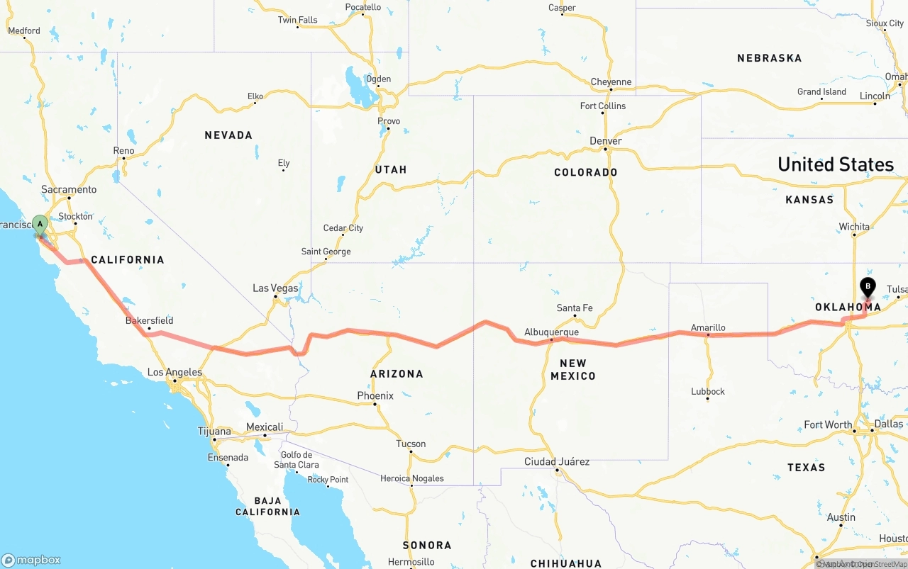 Shipping route from San Francisco International Airport to Oklahoma