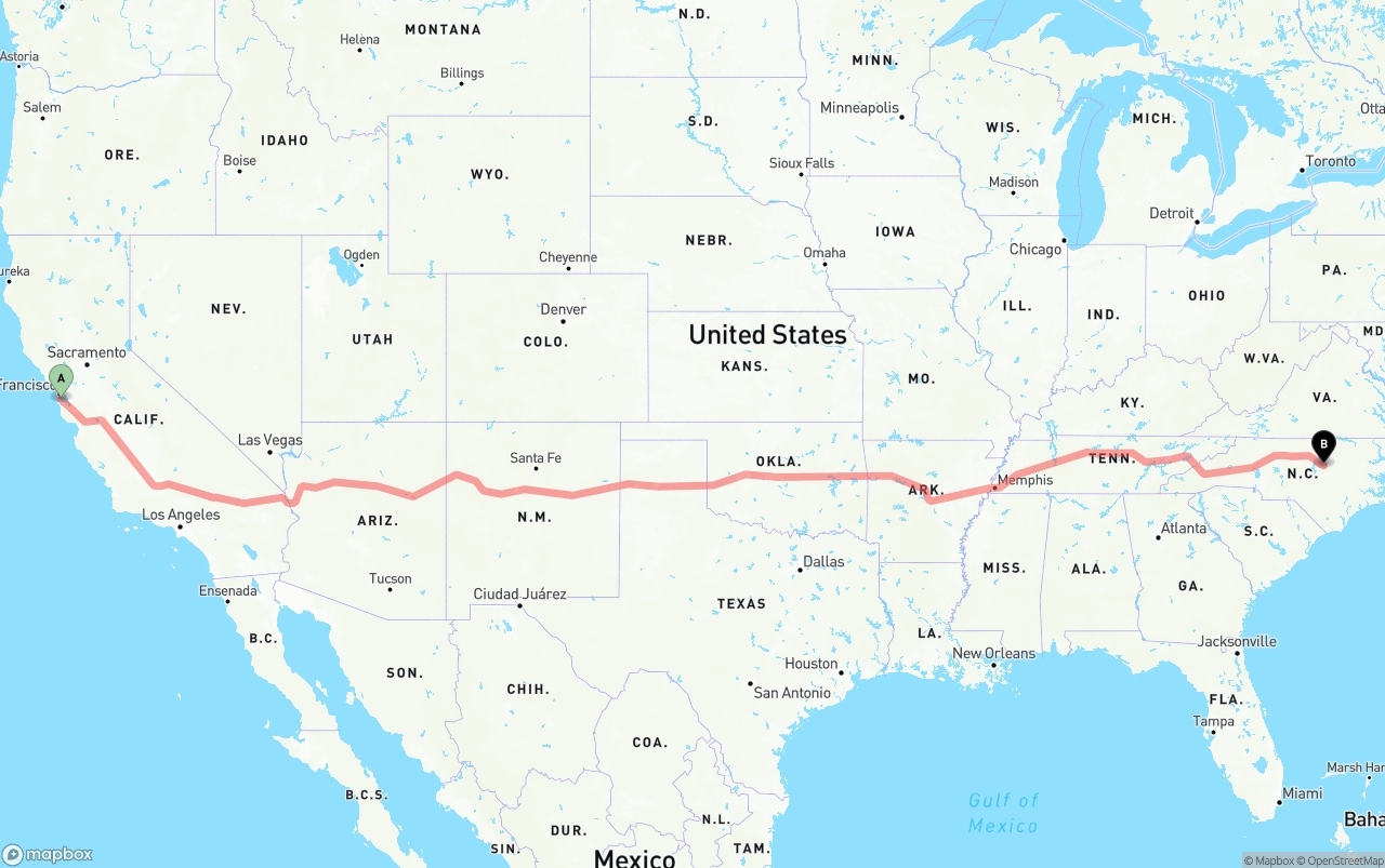 Shipping route from San Francisco International Airport to Raleigh