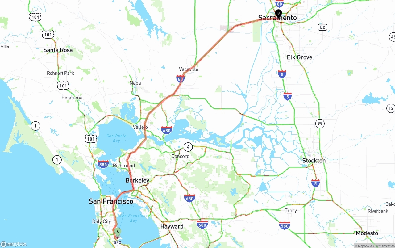 Shipping route from San Francisco International Airport to Sacramento