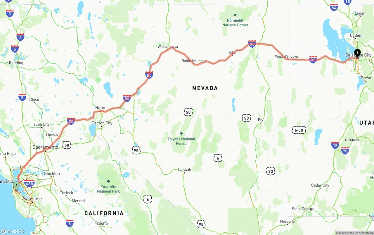 Shipping route from San Francisco International Airport to Salt Lake City