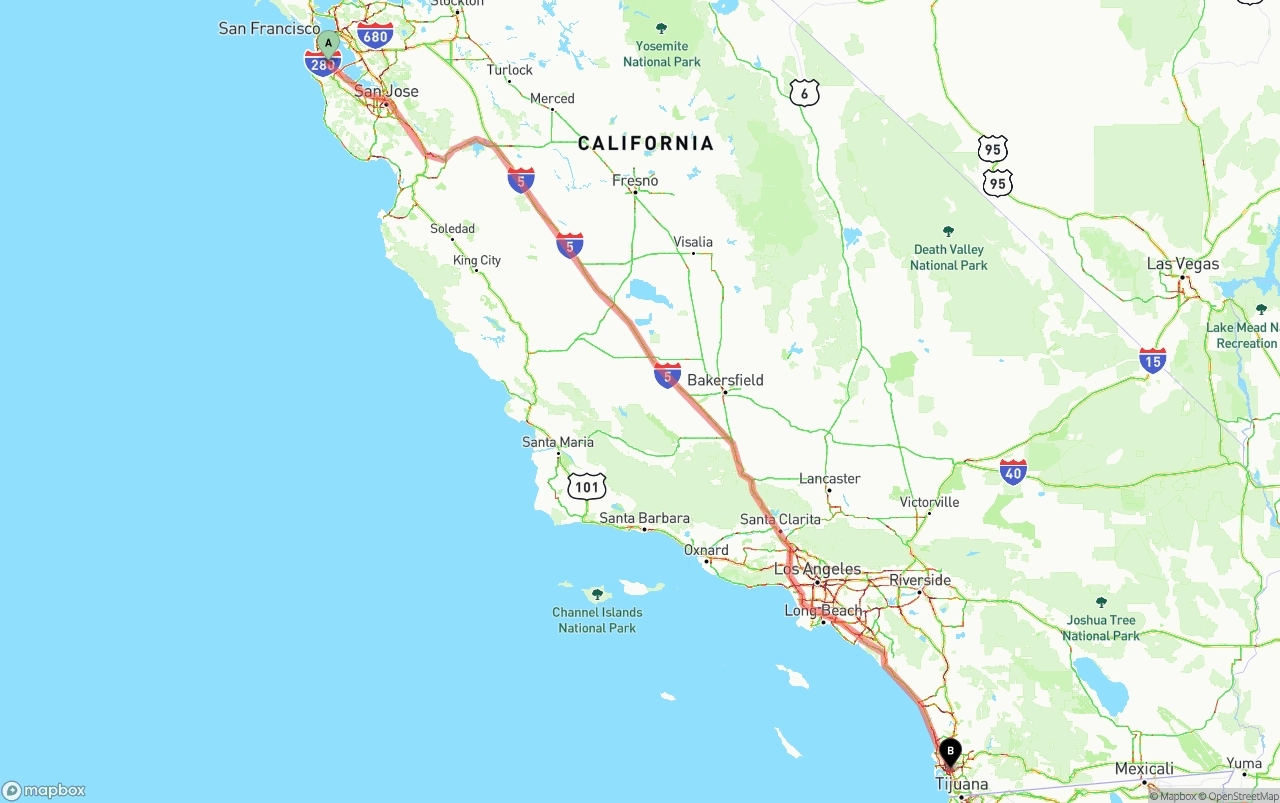 Shipping route from San Francisco International Airport to San Diego