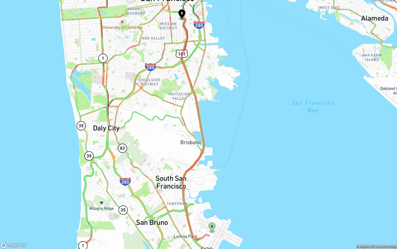 Shipping route from San Francisco International Airport to San Francisco