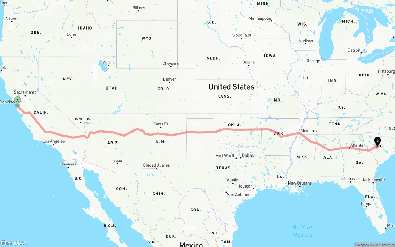 Shipping route from San Francisco International Airport to South Carolina