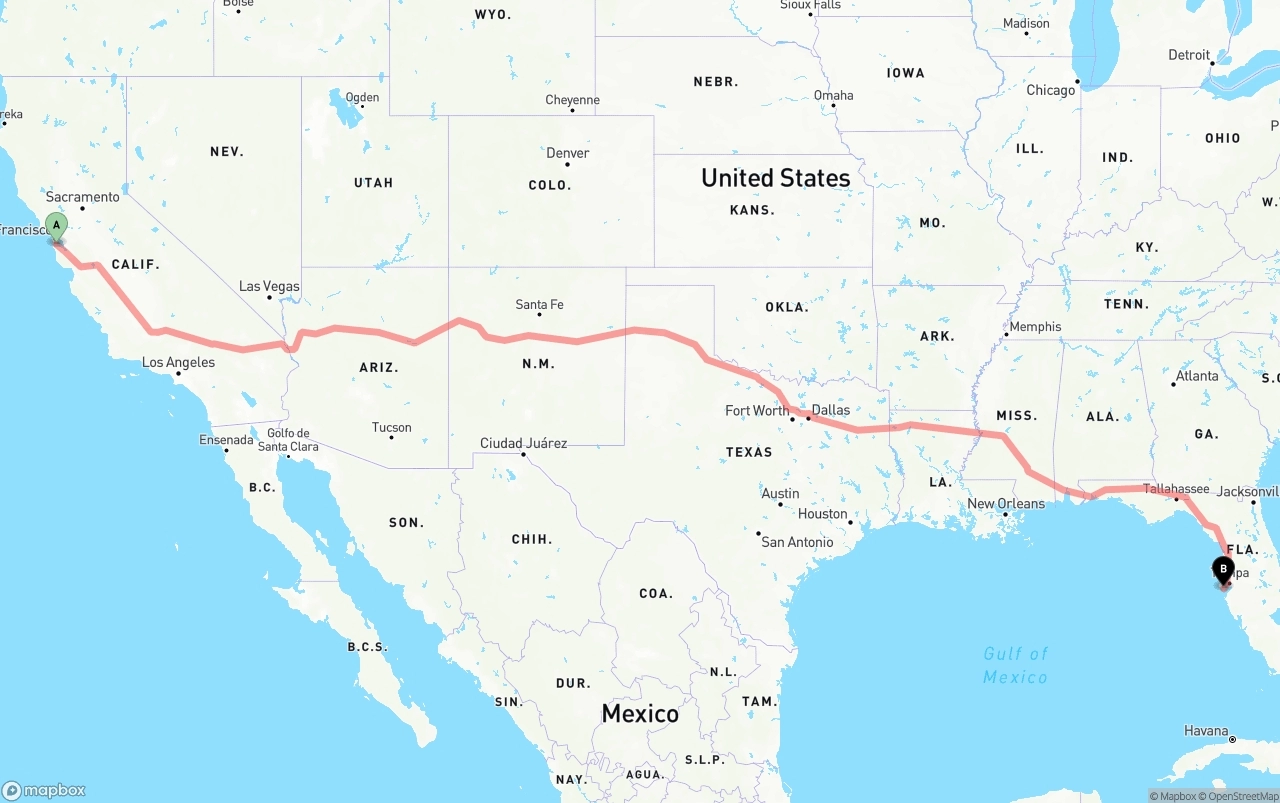 Shipping route from San Francisco International Airport to St. Petersburg