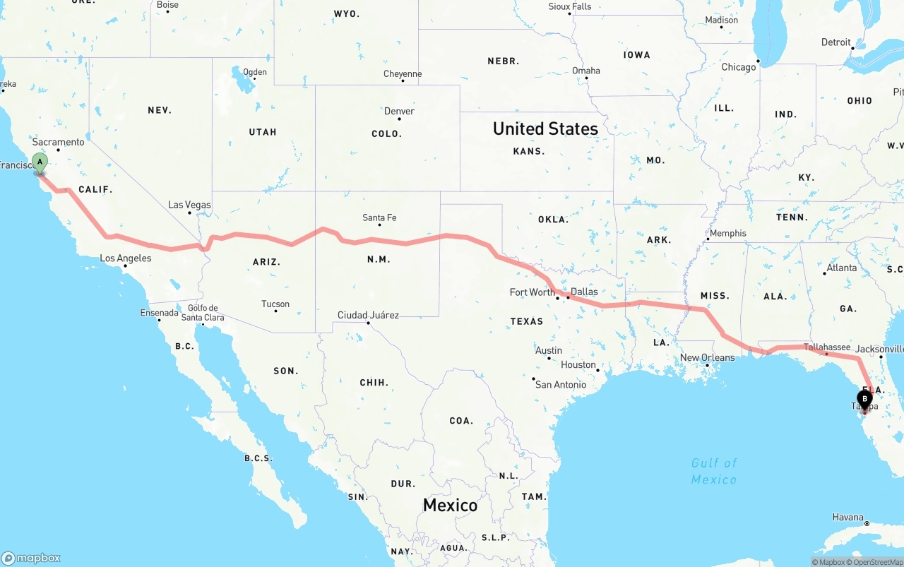 Shipping route from San Francisco International Airport to Tampa