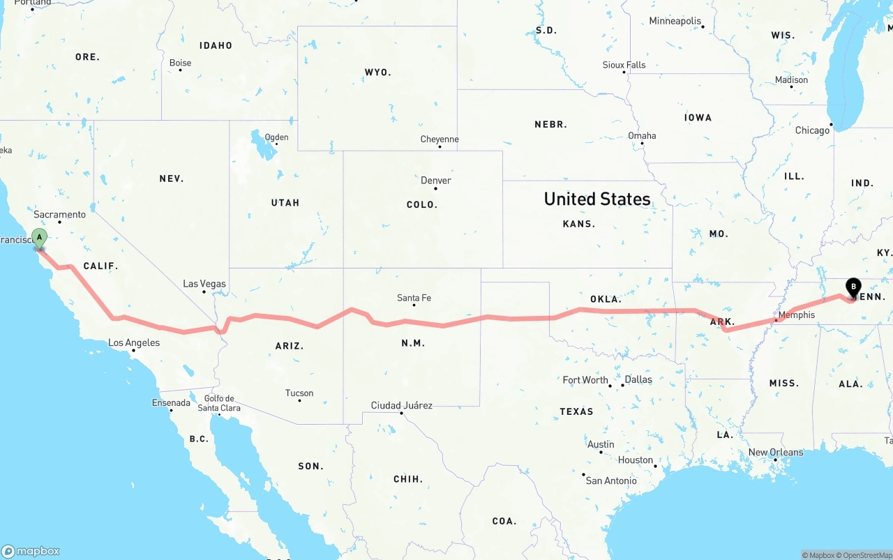 Shipping route from San Francisco International Airport to Tennessee