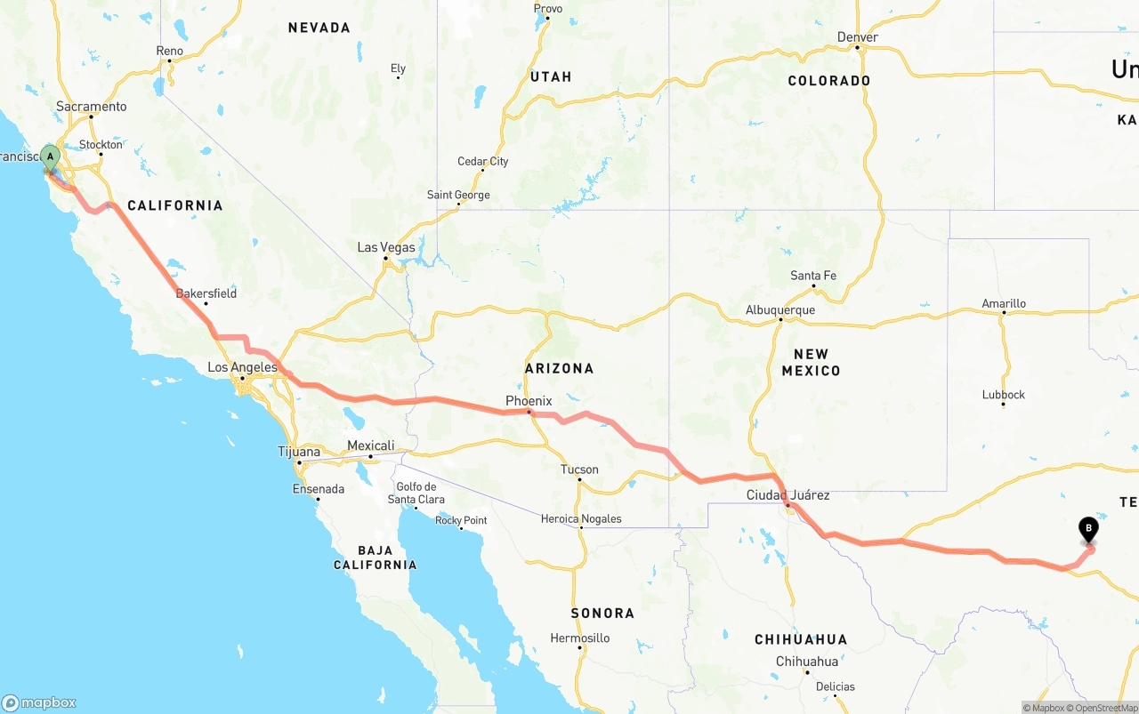 Shipping route from San Francisco International Airport to Texas