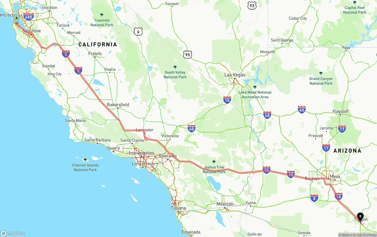 Shipping route from San Francisco International Airport to Tucson