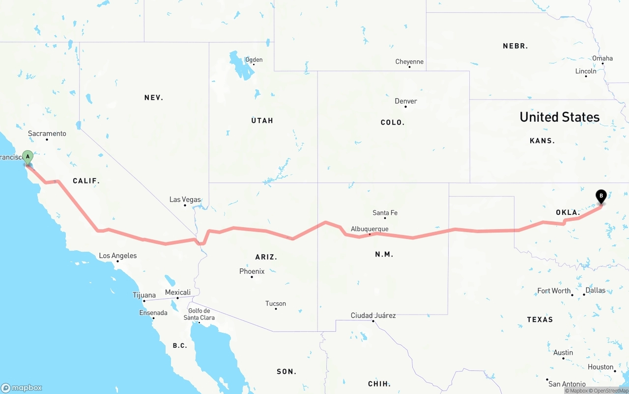 Shipping route from San Francisco International Airport to Tulsa
