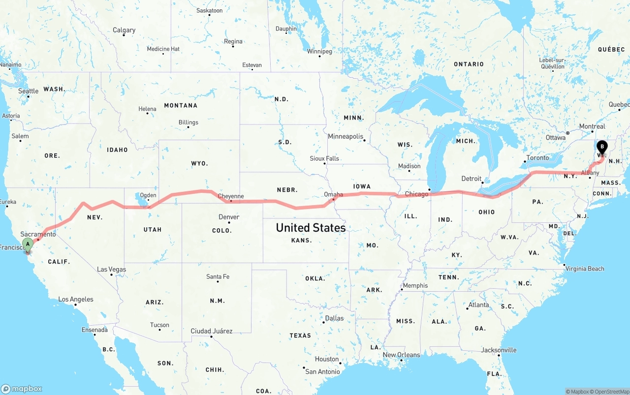 Shipping route from San Francisco International Airport to Vermont