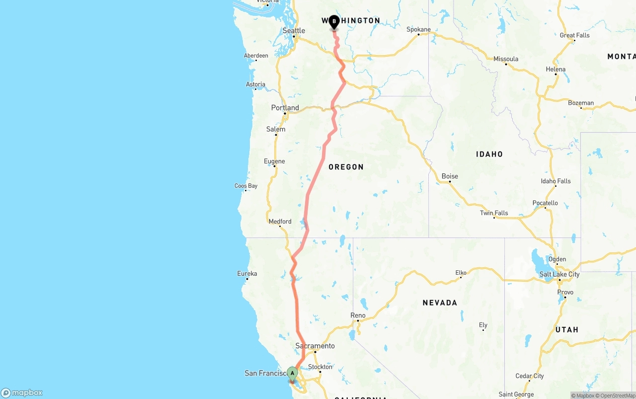 Shipping route from San Francisco International Airport to Washington