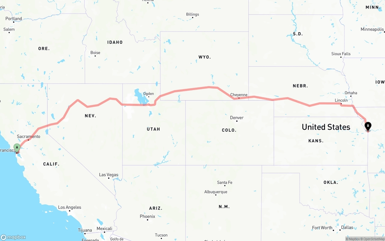 Shipping route from San Francisco to Kansas City