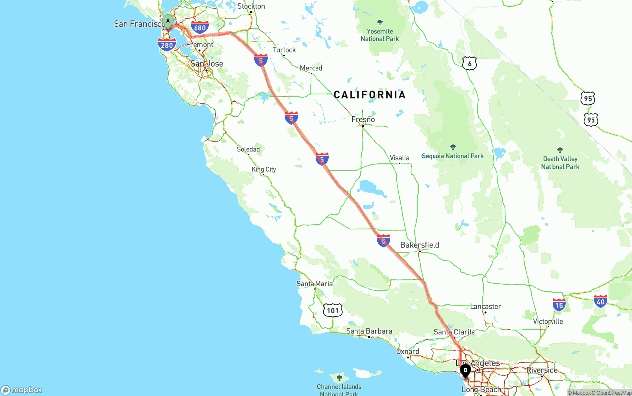 Shipping route from San Francisco to Los Angeles International Airport
