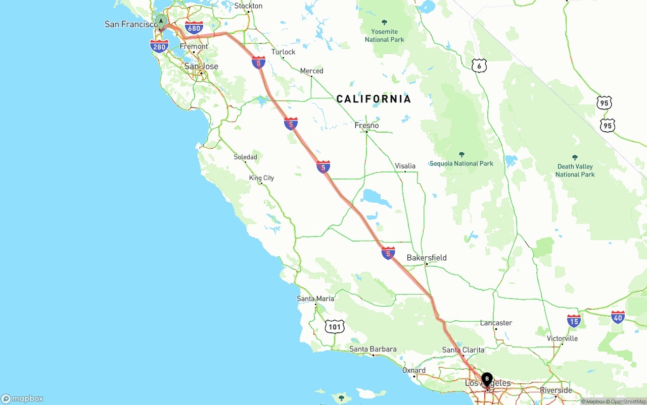Shipping route from San Francisco to Los Angeles
