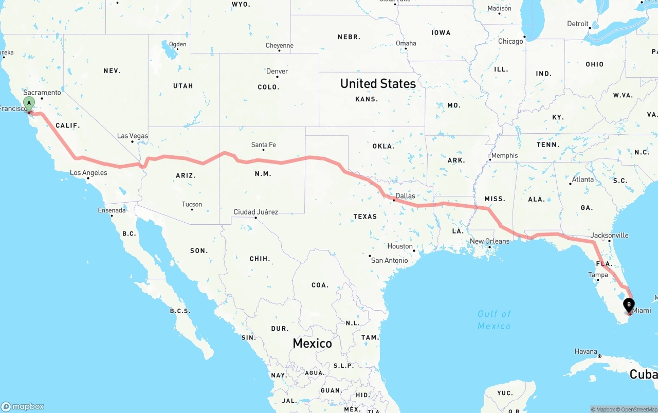 Shipping route from San Francisco to Miami International Airport