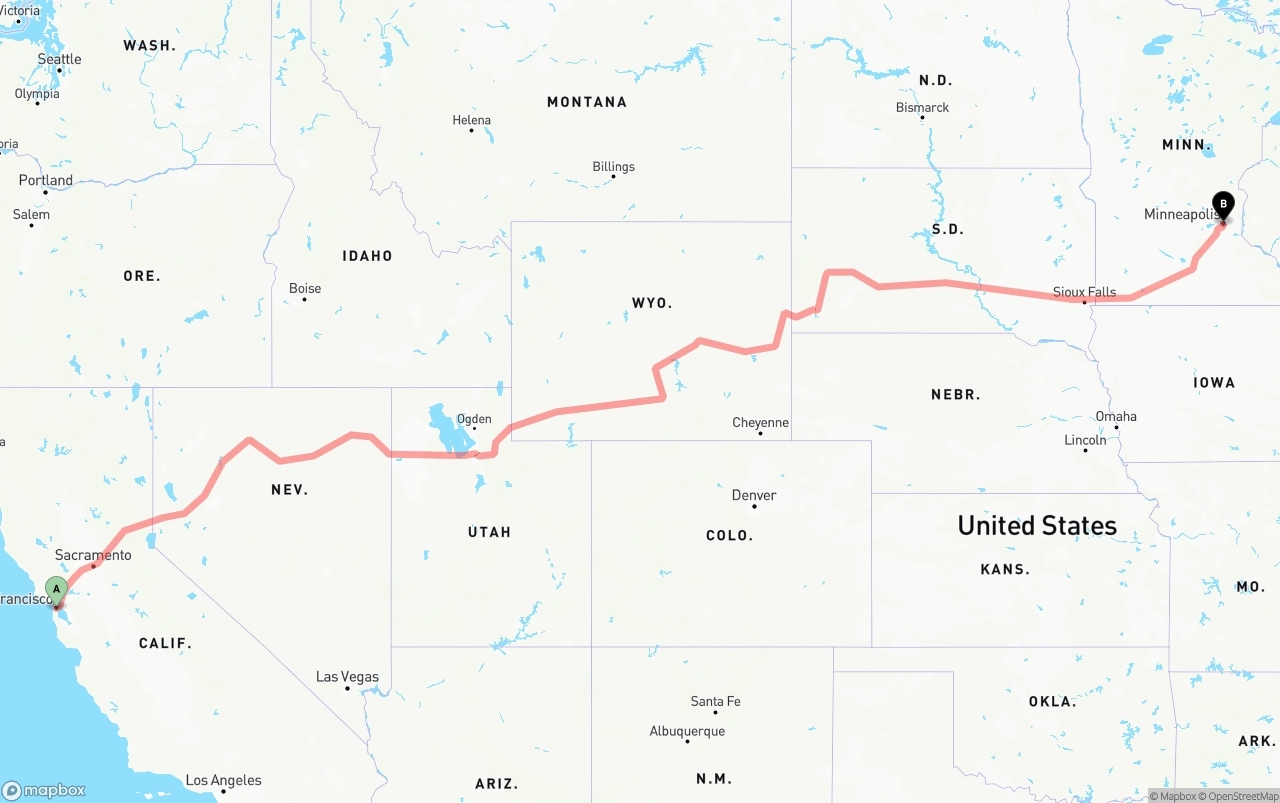 Shipping route from San Francisco to Minneapolis