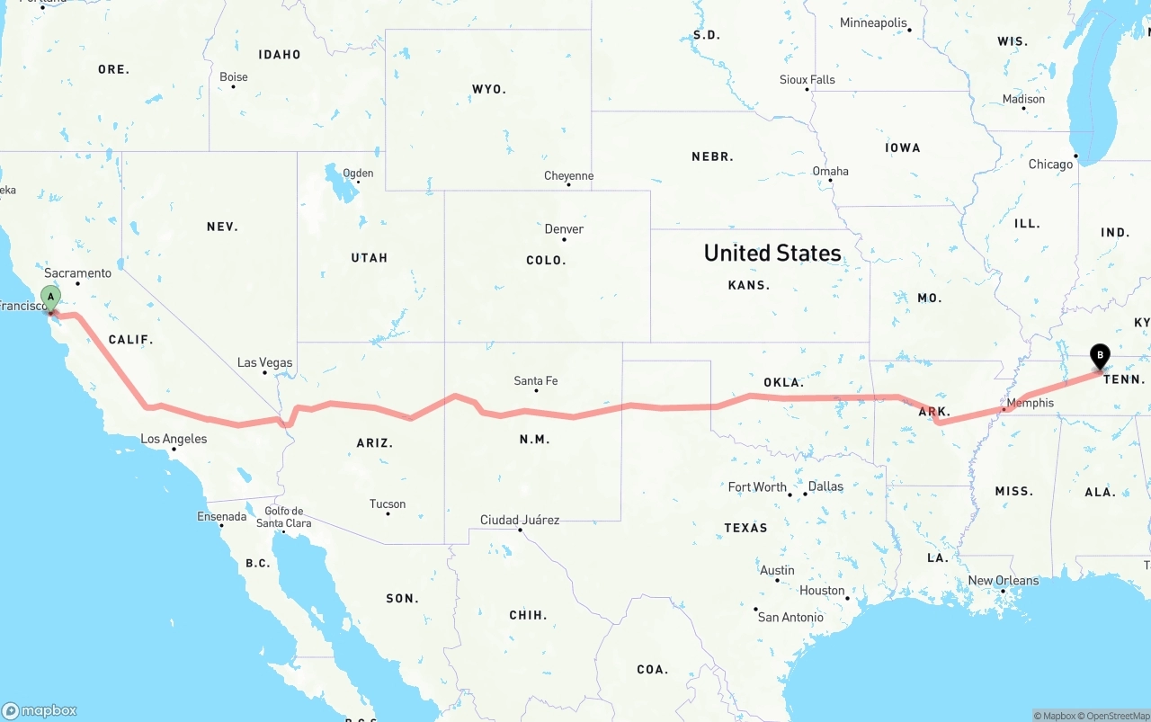 Shipping route from San Francisco to Nashville